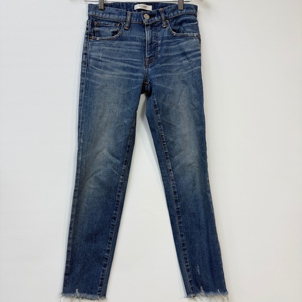 Moussy Vintage Slim Straight Jeans Womens 26 Blue Distressed Raw Hem Made Japan